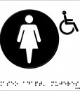 Silueta de una mujer en blanco metida en un crculo negro y silueta de persona en silla de ruedas en negro con fondo blanco y braille