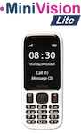 Telfono pequeo de color blanco con teclado separado en negro y encima el nombre MiniVision Lite