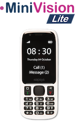 telfono pequeo de color blanco con teclado separado en negro y encima el nombre MiniVision Lite