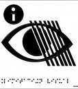Letra I en blanco metida en un crculo negro, acompaada de un ojo cruzad varias lneas por encima en negro y fondo gris