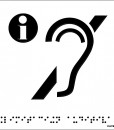 Letra I en blanco metida en un crculo negro, acompaada de la silueta de una oreja cruzada con una barra en negro y fondo blanco
