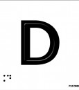Letra D mayscula en negro sobre fondo aluminio blanco  y en braille