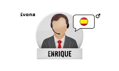 La imagen muestra un avatar de un teleoperador con chaqueta de traje gris, camisa blanca y corbata roja con un recuadro a su derecha con la bandera de Espaa y debajo el nombre de Enrique