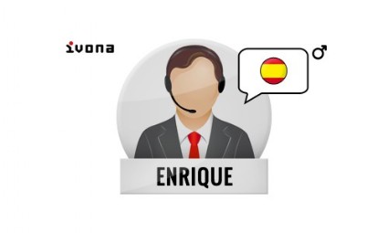 La imagen muestra un avatar de un teleoperador con chaqueta de traje gris, camisa blanca y corbata roja con un recuadro a su derecha con la bandera de Espaa y debajo el nombre de Enrique