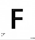 Letra F mayscula en negro sobre fondo aluminio blanco  y en braille