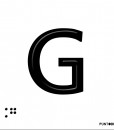 Letra G mayscula en negro sobre fondo aluminio blanco  y en braille