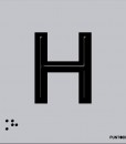 Letra H mayscula en negro sobre fondo aluminio gris y en braille
