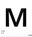 Letra M mayscula en negro sobre fondo aluminio blanco y en braille