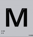Letra M mayscula en negro sobre fondo aluminio gris y en braille