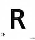 Letra R mayscula en negro sobre fondo aluminio blanco y en braille