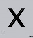 Letra X mayscula en negro sobre fondo aluminio gris y en braille