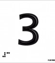 Número 3 en negro sobre fondo blanco y braille en aluminio