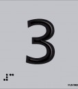 Número 3 en negro sobre fondo gris y braille en aluminio