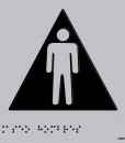 Silueta de un hombre en gris metida en un triángulo negro con fondo gris y braille