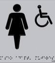 Silueta de mujer y persona en silla de ruedas en negro con fondo gris, en relieve y braille