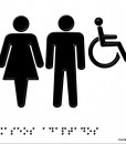 Siluetas de mujer, hombre y persona en silla de ruedas en negro con fondo blanco, en relieve y braille