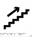 Escaleras con flecha hacia arriba en negro sobre fondo blanco, en relieve y braille