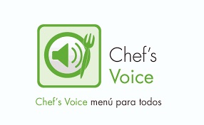 Logotipo de la app Chef Voice, se ve un altavoz con un tenedor y el nombre al lado