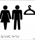 Siluetas de hombre, mujer y una percha en negro sobre fondo en blanco