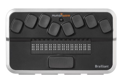 Dispositivo con 8 teclas Braille y display con 14 caracteres de color negro y gris