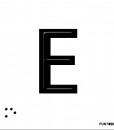 Letra E mayúscula en negro sobre fondo aluminio blanco  y en braille