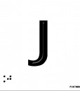 Letra J mayúscula en negro sobre fondo aluminio blanco y en braille