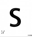 Letra S mayúscula en negro sobre fondo aluminio blanco y en braille