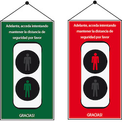 Cartel con dos señales de semáforo en rojo y verde para el aforo del local