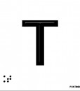Letra T mayúscula en negro sobre fondo aluminio blanco y en braille