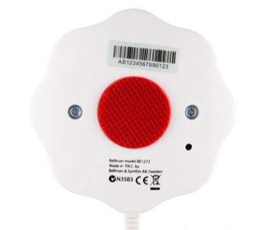 Dispositivo exagonal con un altavoz en el centro rojo y botones alrededor